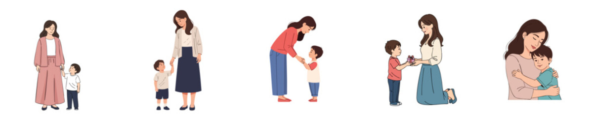 Happy Mothers Day Illustration Showing Young Mother And Child Love Moment In Flat Vector Style