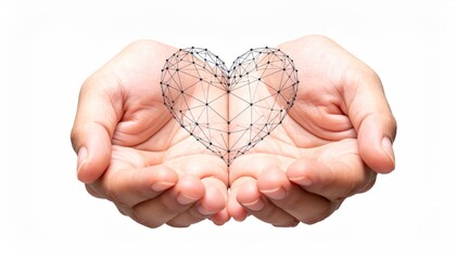 Obraz premium Hands holding a digital heart made of interconnected lines and dots.