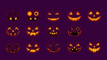 Collection of glowing jack-o'-lantern faces with different spooky expressions for halloween celebrations