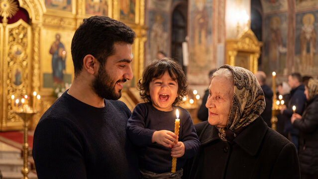 Orthodox Christmas Midnight Service Diverse Family Child Lit Candle Laughing Grandmother Church Iconostasis Magazine Cover Editorial Holiday Content