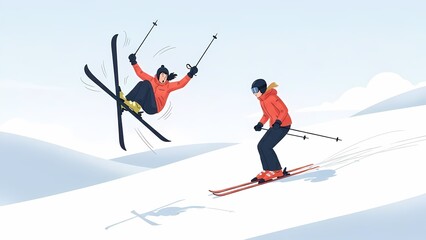 Conceptual illustration of two skiers, one crashing and one stable, symbolizing how fundamentals and deliberate practice separate experts from beginners in skill learning and performance.