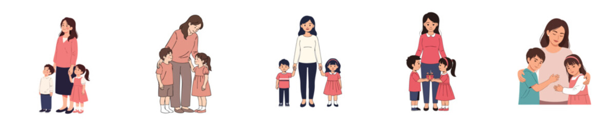 Happy Mothers Day Illustration Showing Caring Mother With Two Children Love Moment In Flat Vector Style