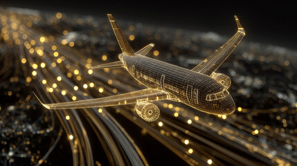 Digital golden airplane flying with glowing network lines representing global travel and business technology