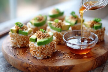 Fresh Sushi Rolls with Avocado and Sesame Seeds Served on a Wooden Board with Soy Sauce for an Appetizing Culinary Experience
