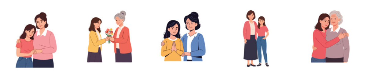 Obraz premium Happy Mothers Day Illustration Showing Daughter And Mother Emotional Bond In Flat Vector Style
