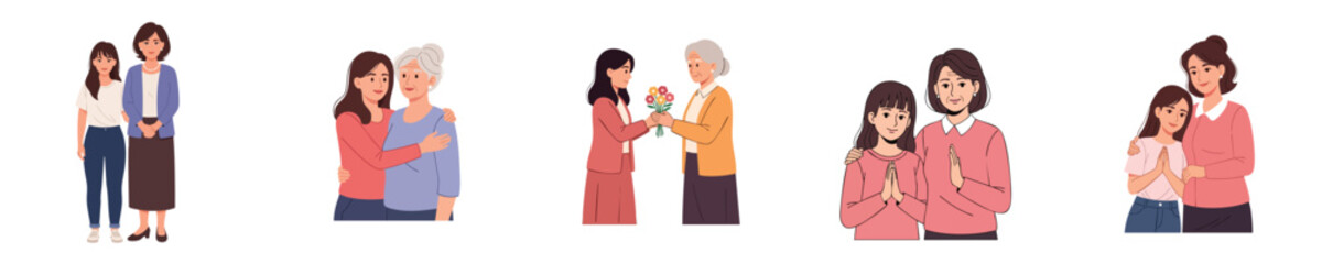 Fototapeta premium Happy Mothers Day Illustration Showing Daughter And Mother Sharing Love Respect And Gratitude In Flat Vector Style