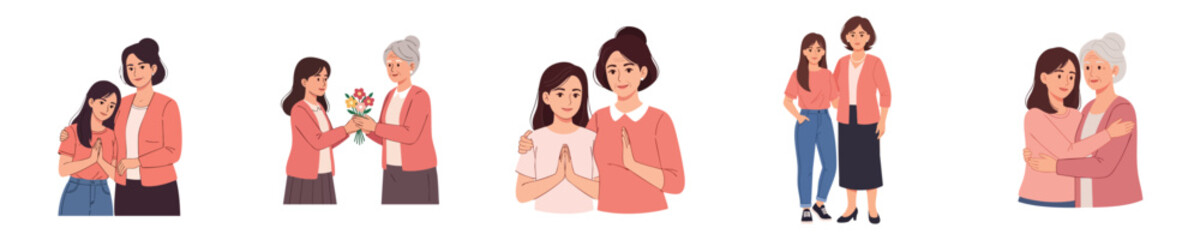 Fototapeta premium Happy Mothers Day Illustration Showing Daughter Giving Flowers And Love To Elderly Mother In Flat Vector Style