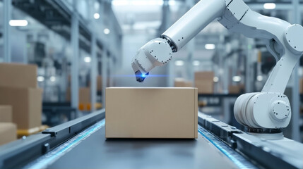 Industrial robotic arm handling a cardboard box on a conveyor belt in a modern smart factory