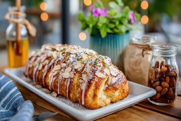 Freshly Baked Almond Croissant with Icing Sugar on Wooden Table Surrounded by Herbs and Nuts, Perfect for Breakfast or Caf&eacute; Menu Aesthetic in Natural Light