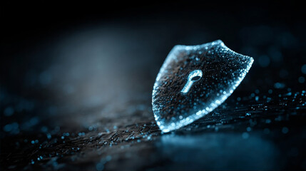Cyber security concept with glowing digital shield and padlock icon on a dark background