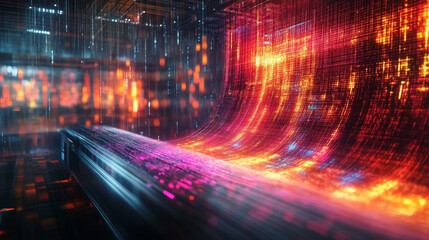 Abstract futuristic data stream with purple and blue light trails in a high-speed fiber optic tunnel