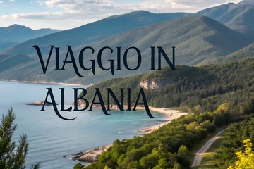Albania nature landscape travel tourism destination Europe vacation advertising promotion scenic countryside mountains text Viaggio in Albania travel symbols journey Balkan tourism marketing design