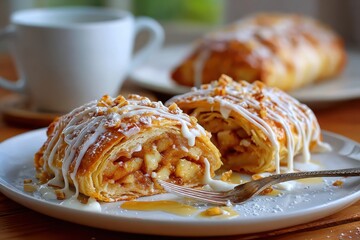 Freshly Baked Apple Strudel with Drizzled Icing and Chopped Nuts on a White Plate Surrounded by a Coffee Cup and Warm Kitchen Ambiance