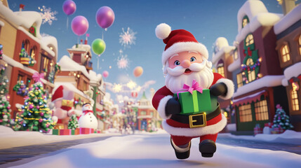 Cute 3D cartoon Santa Claus running on a snowy street with a gift box, festive Christmas background with balloons and snowmen