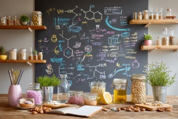 Colorful Arrangement of Natural Ingredients and Scientific Illustrations on a Blackboard in a Bright Kitchen Setting with Jars, Herbs, and Craft Supplies