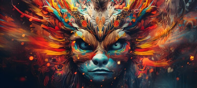 Pointillist grunge design of Queen Tengu ifrit with abstract dotted pattern,generative AI