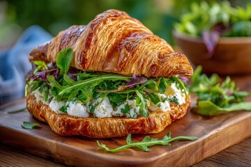 Freshly Baked Croissant Sandwich with Herb Cream Cheese and Mixed Greens Presented on a Rustic Wooden Board Surrounded by Vibrant Vegetables