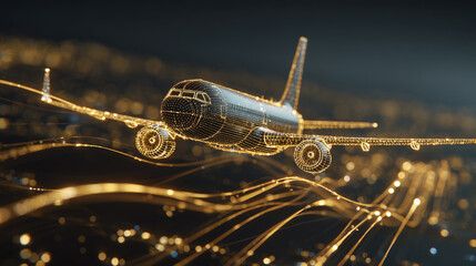 Digital golden airplane flying with glowing network lines representing global travel and business technology