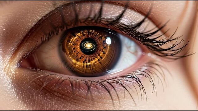 Close up of a human eye with galaxy pattern in the iris
