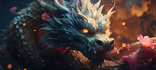 Pointillist grunge design of dragon lotus with abstract dotted pattern,generative AI