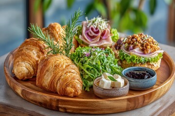 Freshly Baked Croissants Served with Colorful Salads and Gourmet Spreads on a Wooden Serving Board in a Cozy Cafe Setting