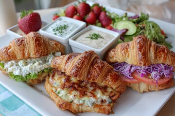 Freshly Baked Croissants with Assorted Fillings and Side Dishes on a Rustic Plate, Perfect for Brunch or a Gourmet Meal with Fresh Greens and Berries