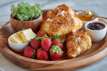 Freshly Baked Croissants with Strawberries, Butter, Honey, and Jam on a Wooden Platter with Herb Garnish for a Scrumptious Breakfast Experience