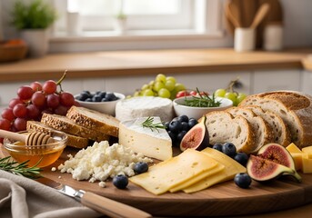 Cheese Breakfast with Bread and Fruits