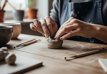 close up of hands making handmade craft with clay