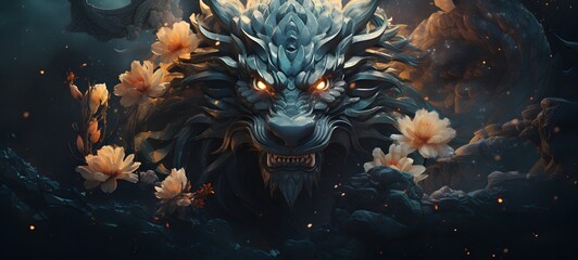 Pointillist grunge design of dragon lotus with abstract dotted pattern,generative AI