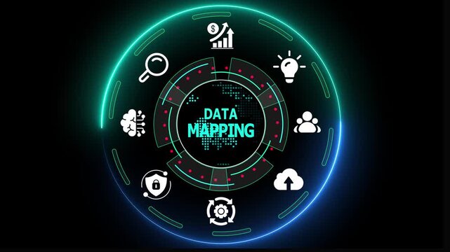 Data mapping concept with analytics icons, structured information flow, system integration, and modern digital technology interface.