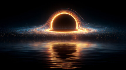 Abstract futuristic background with glowing orange and blue neon circle ring and floating light particles on dark reflective surface