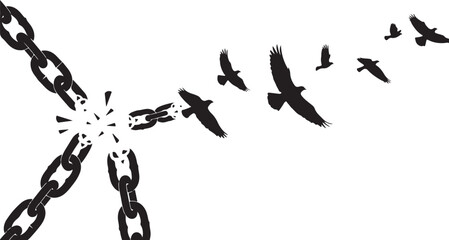 Breaking Chains into Flying Birds Freedom Silhouette