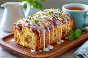 Freshly Baked Loaf Cake with Icing and Mint Leaves Served with Tea, Showcasing a Delicious Dessert on a Wooden Platter in a Cozy Kitchen Setting