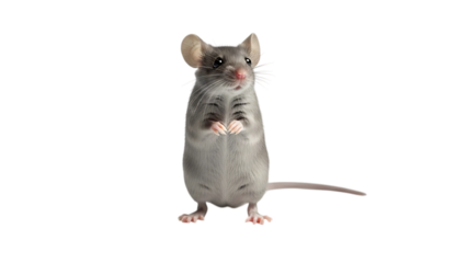 Gray mouse standing upright on white background isolated on transparent background
