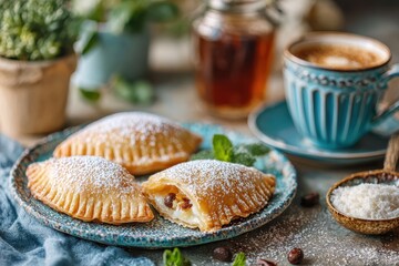Freshly Baked Pastries with Sweet Filling Served on a Rustic Plate Accompanied by a Pot of Honey and a Cup of Coffee for a Cozy Breakfast Experience