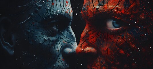 Pointillist grunge design of God vs demon with abstract dotted pattern,generative AI