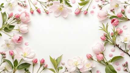 Fototapeta premium Beautiful spring floral frame with delicate pink and white blossoms on a clean white background