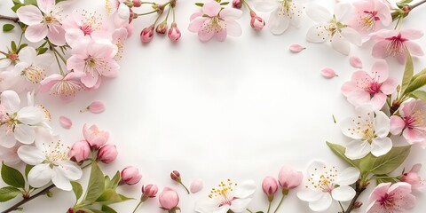 Fototapeta premium Delicate pink and white cherry blossom flowers forming a beautiful spring frame on a clean white background