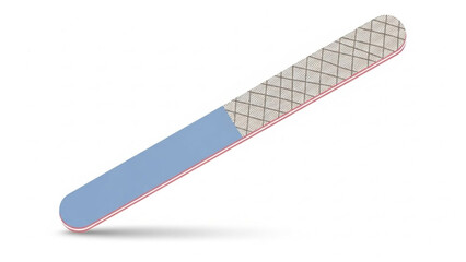 Nail file with blue handle and grid patterned emery board on white background