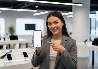 Young woman holding smartphone with blank white screen