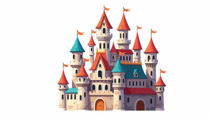 Fototapeta premium Illustration of a whimsical castle with multiple towers and colorful roofs against a plain white background.