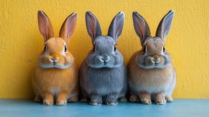 Three adorable rabbits sitting side-by-side against a yellow background.