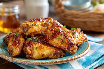 Deliciously Grilled Chicken Wings Glazed with Honey and Garnished with Fresh Herbs on a Rustic Plate Surrounded by a Cozy Table Setting