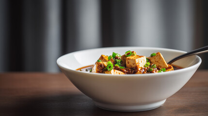 白い器に盛られた麻婆豆腐を落ち着いた背景で丁寧に捉えた一皿
