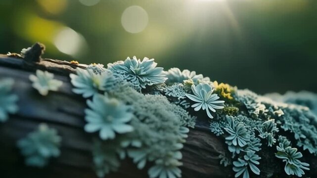 Macro shot of tree branch covered with diverse lichen and delicate small plants highlighting rich textures colors and detailed natural forest elements