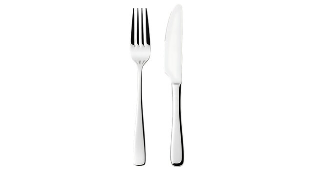 Elegant silver fork and knife on white background isolated on transparent background
