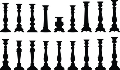Collection of vintage candle holder silhouettes, elegant candlestick stands and decorative pillar candle bases, black vector set for home decor design © Ideasy Mind