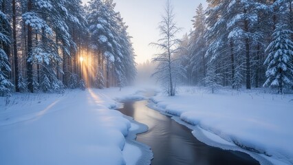 Obraz premium Snow Covered Forest with Frozen Stream.