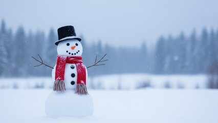 Obraz premium Snowman in Winter Landscape with Scarf and Hat.